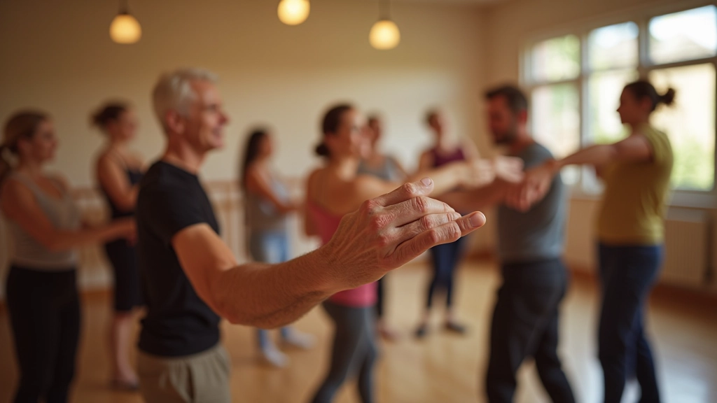 Instructor demonstrating proper posture and arm positioning to a group of attentive senior students in dance studio