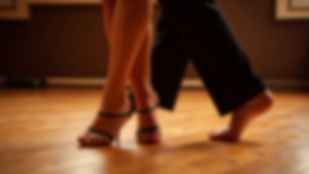 Close-up of dancers' feet showing proper salsa footwork on a wooden dance floor with proper spacing