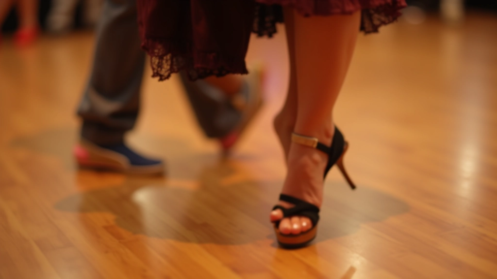 Close-up of feet showing proper footwork technique with weight distribution and timing during Latin dance movements