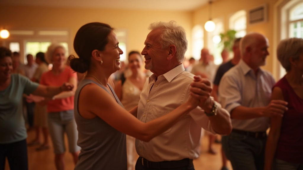 Seniors enjoying partner dance together in a bright, welcoming community space