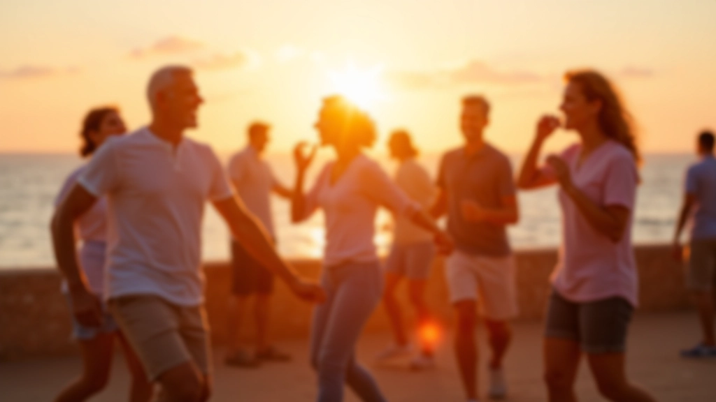 Group of people dancing together at an outdoor festival at sunset, with coastal backdrop and warm evening light