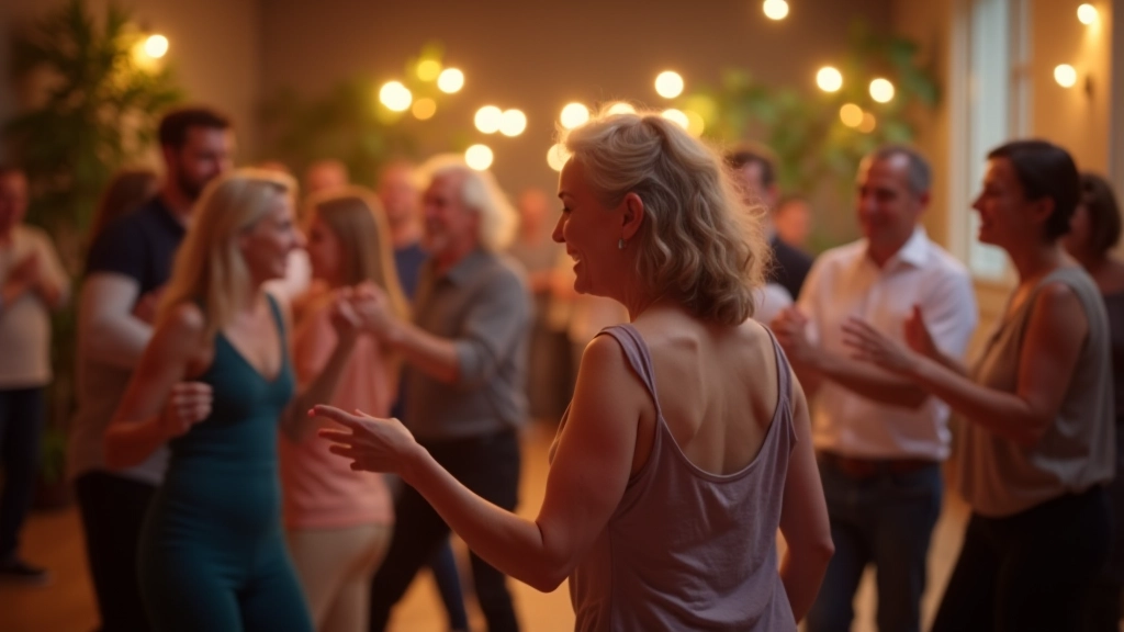 Diverse group of seniors enjoying social dancing together at a workshop, showing different personal styles and energy levels