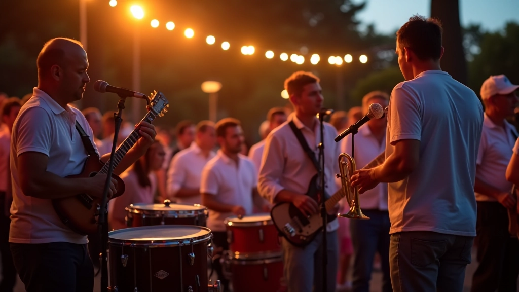 Live band performing at outdoor festival with musicians playing drums, bass, and brass instruments, evening stage lighting