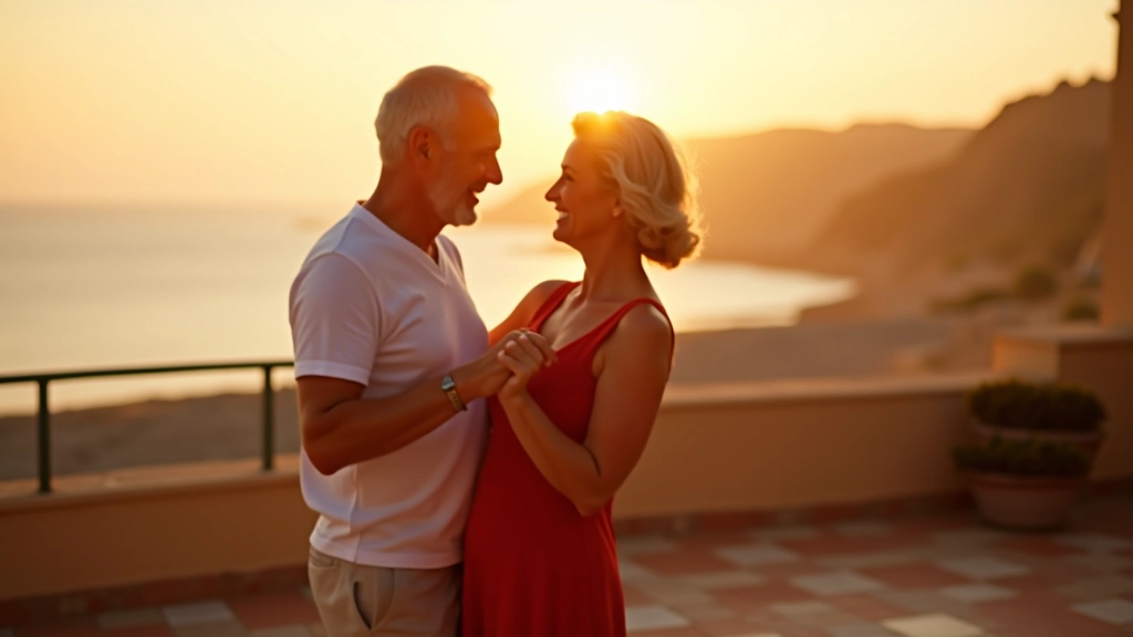 A mature couple dancing kizomba outdoors with beautiful Algarve coastal scenery in the background