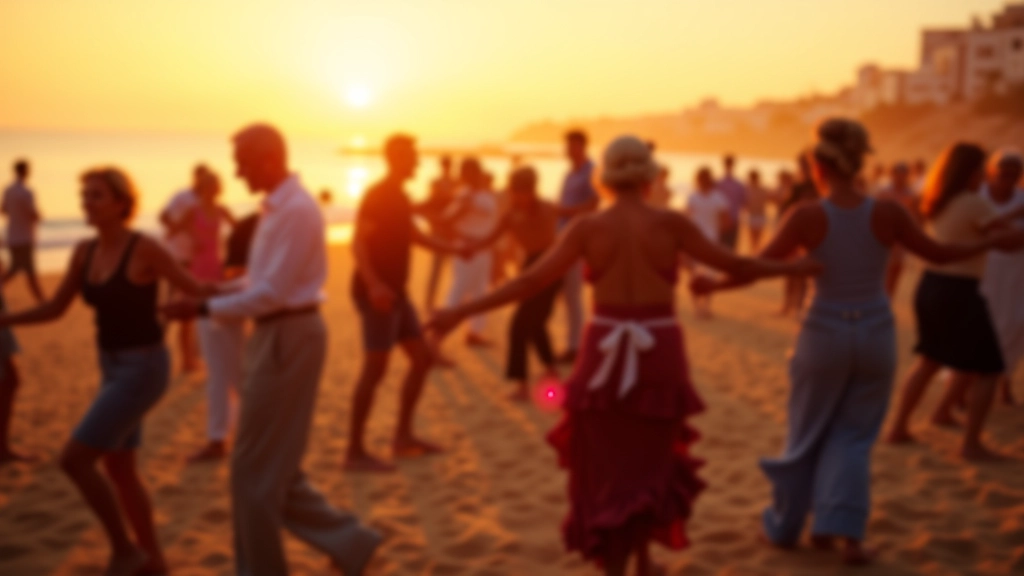 Outdoor dance festival on Algarve coast with seniors dancing under stars