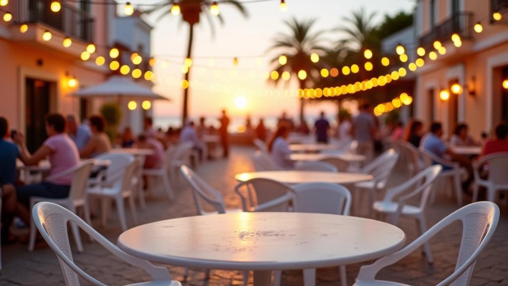 Outdoor festival seating area with comfortable chairs and tables, evening lighting, coastal town setting