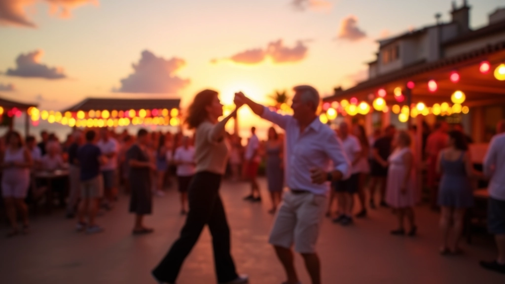Seniors celebrating at an outdoor seasonal dance festival along the beautiful Algarve coast