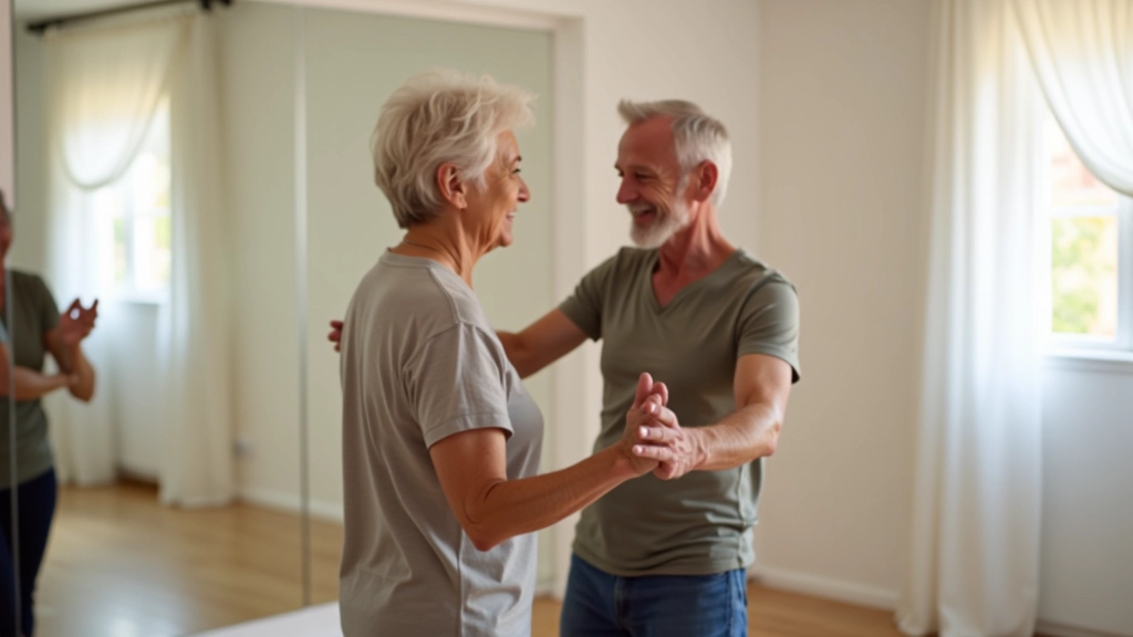 Senior man and woman learning partner dance moves in a workshop setting