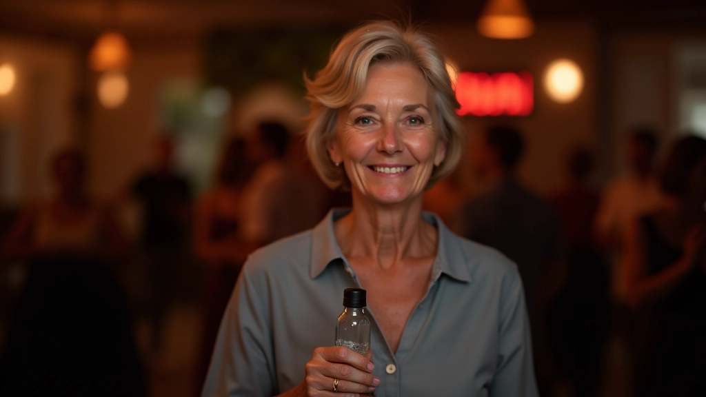 Smiling senior woman standing confidently in a dance venue, holding a water bottle, wearing casual comfortable dance clothing