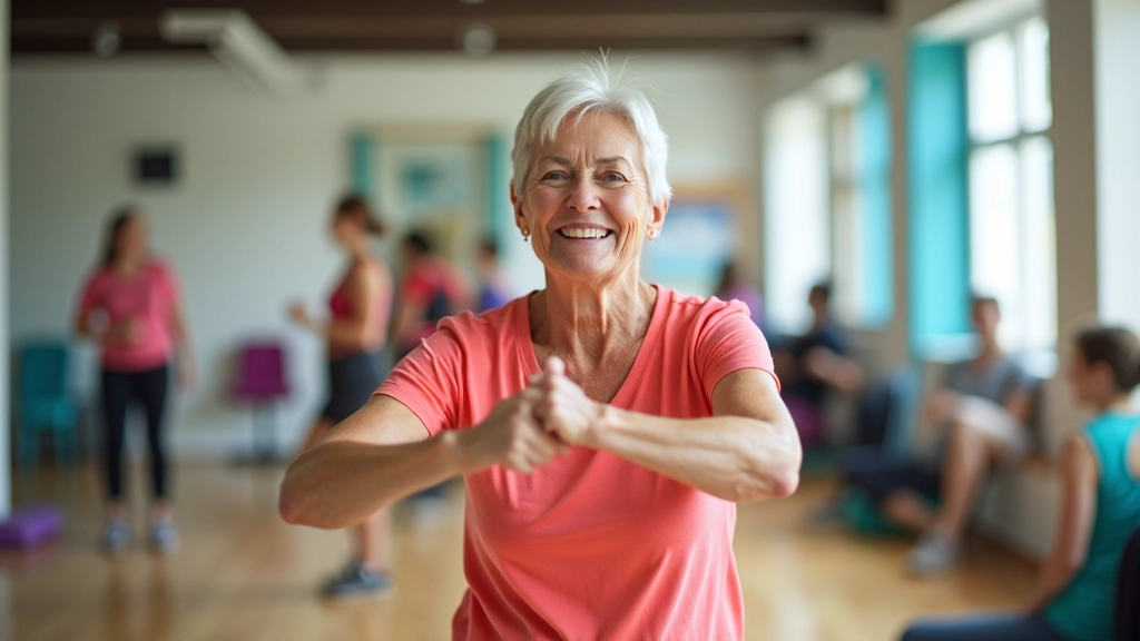 Active seniors exercising with Latin music in a fitness class setting with colorful studio environment