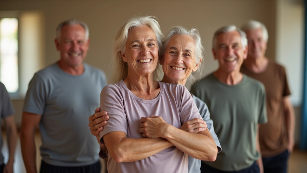 Diverse group of seniors smiling and laughing together after a dance class, showing community and enjoyment of fitness