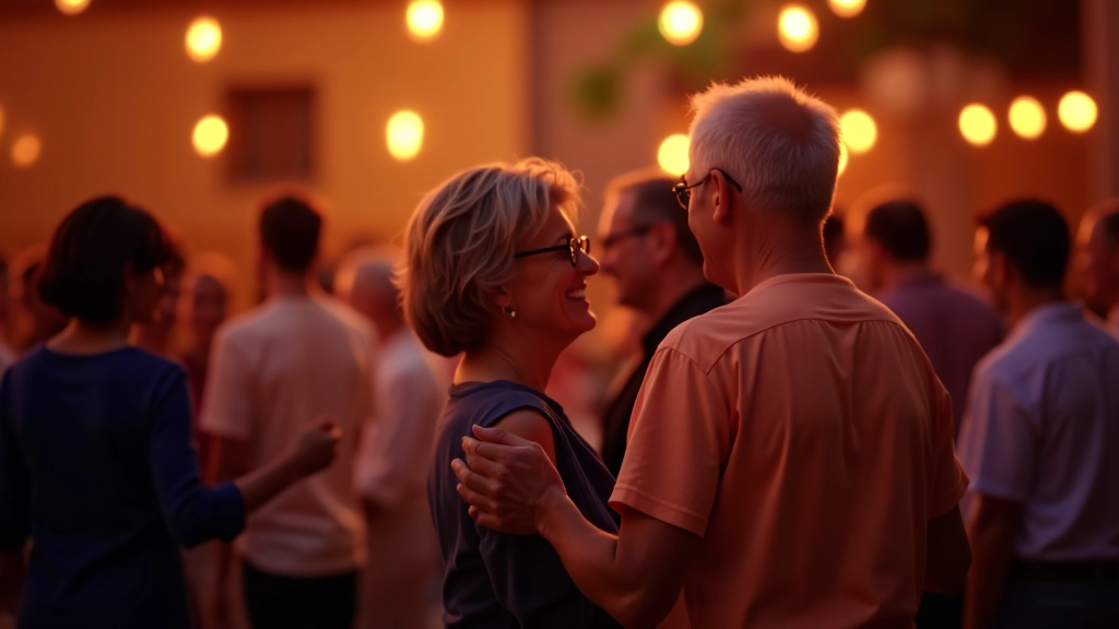 Group of seniors gathered at a kizomba event in Faro, some dancing while others watch and socialize with drinks in hand